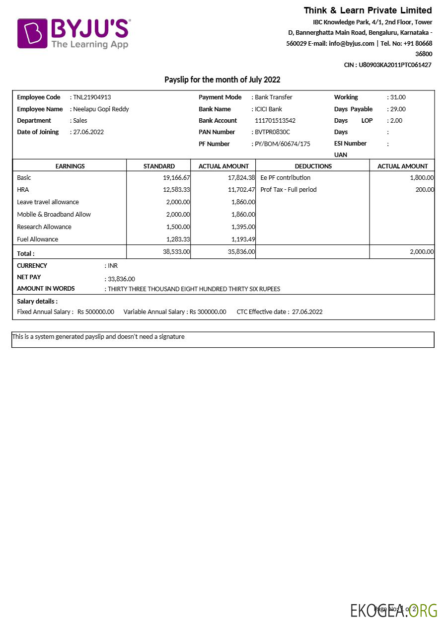 Modèle de fiche de paie de l'application d'apprentissage BYJU s aux formats Word et PDF.pdf, 1